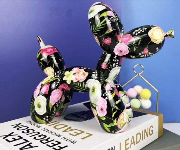 Black Floral Balloon Dog Sculpture