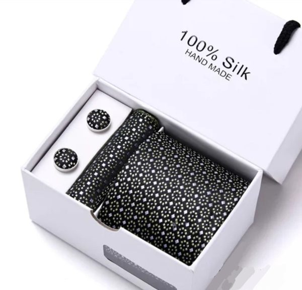 Floral Black Silk Tie, Handkerchief and Cufflink Gift Set