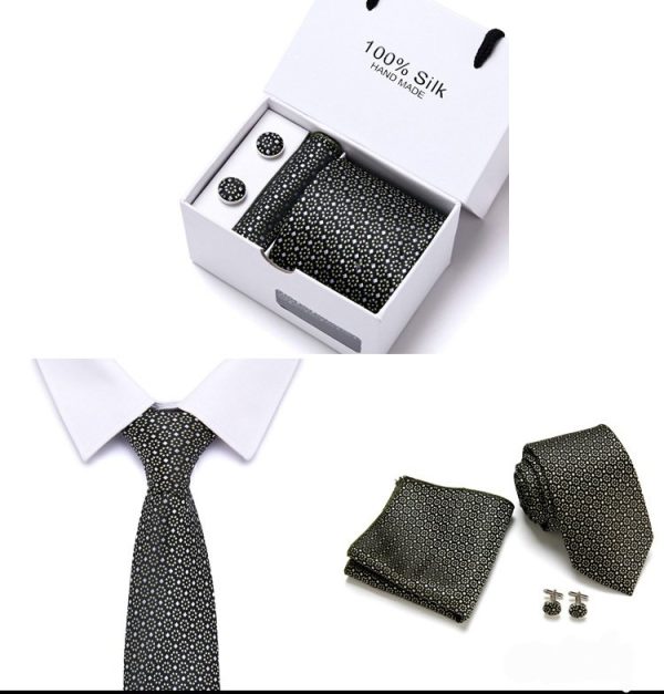 Floral Black Silk Tie, Handkerchief and Cufflink Gift Set