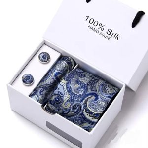 Silk Blue Paisley Tie, Handkerchief and Cufflink Gift Set