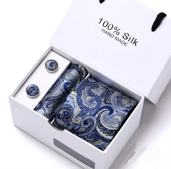 Silk Blue Paisley Tie, Handkerchief and Cufflink Gift Set