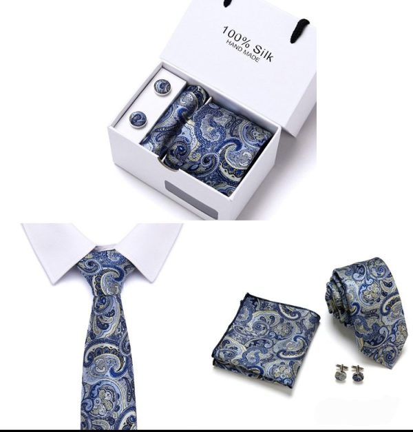 Silk Blue Paisley Tie, Handkerchief and Cufflink Gift Set