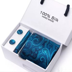 Silk Blue Paisley Tie, Handkerchief and Cufflink Gift Set