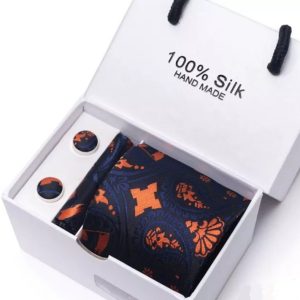 Silk Black and Orange Tie, Handkerchief and Cufflink Gift Set