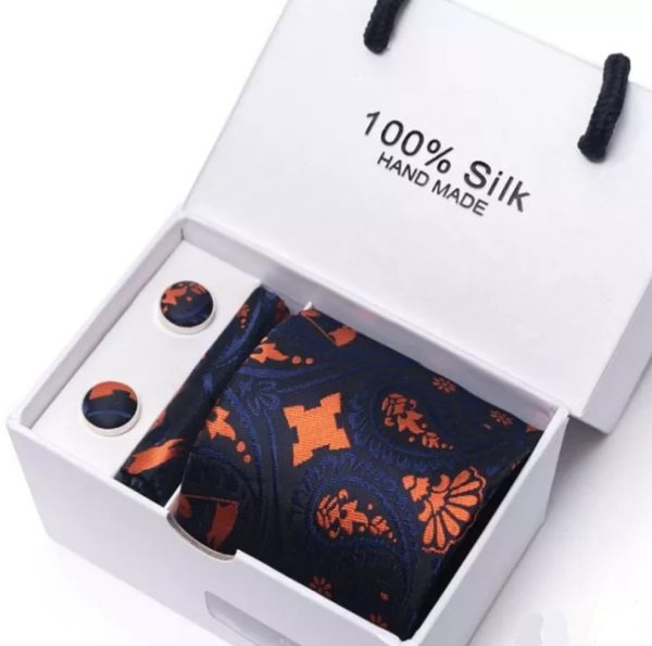 Silk Black and Orange Tie, Handkerchief and Cufflink Gift Set