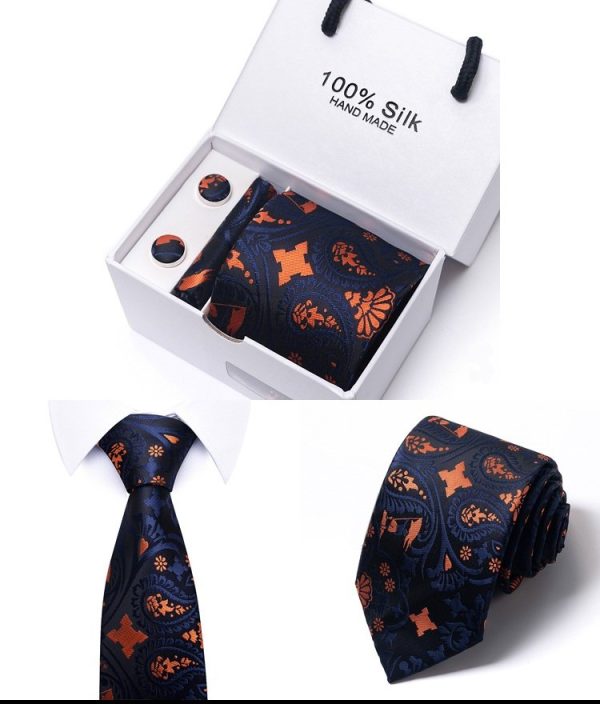 Silk Black and Orange Tie, Handkerchief and Cufflink Gift Set