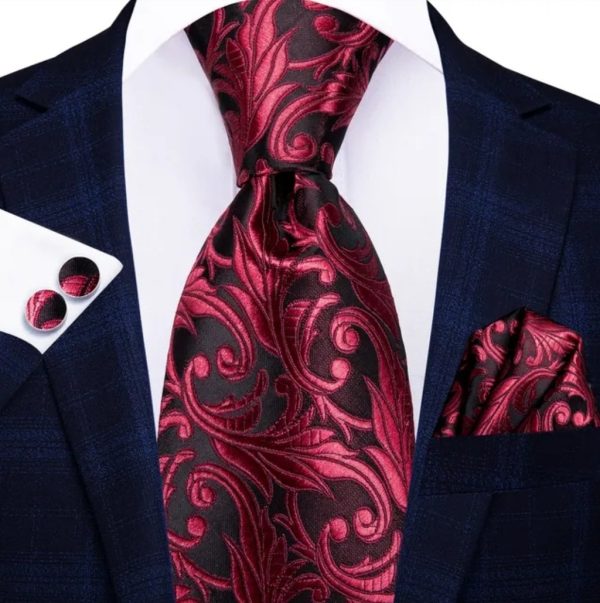 Red and Black Floral Tie Set