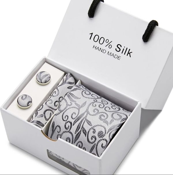 Floral Silver Tie, Handkerchief and Cufflink