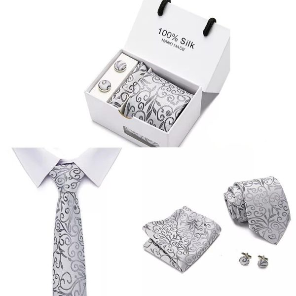 Floral Silver Tie, Handkerchief and Cufflink Gift Set