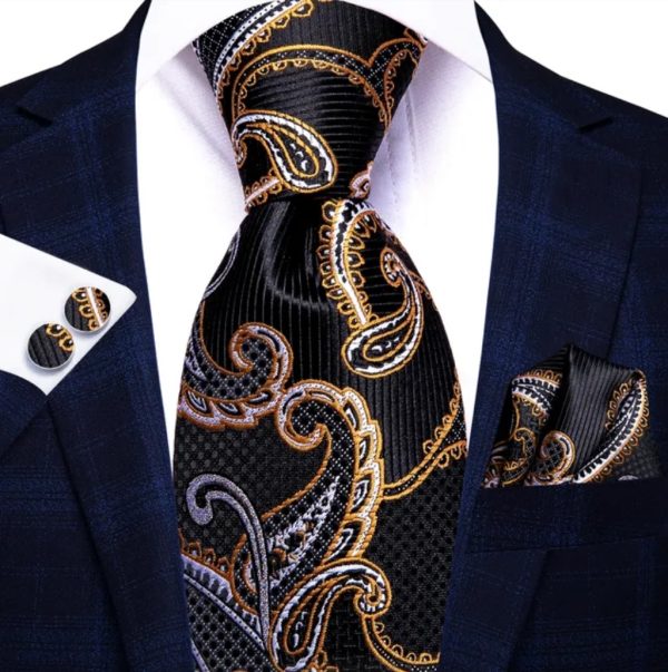 Black and Orange Paisley Tie, Handkerchief and Cufflink Set