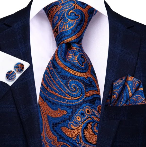 Blue and Orange Tie, Handkerchief and Cufflink Set