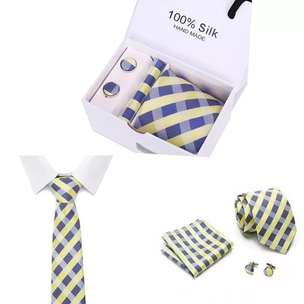 Blue and Yellow Tie, Handkerchief and Cufflink Silk Gift Set