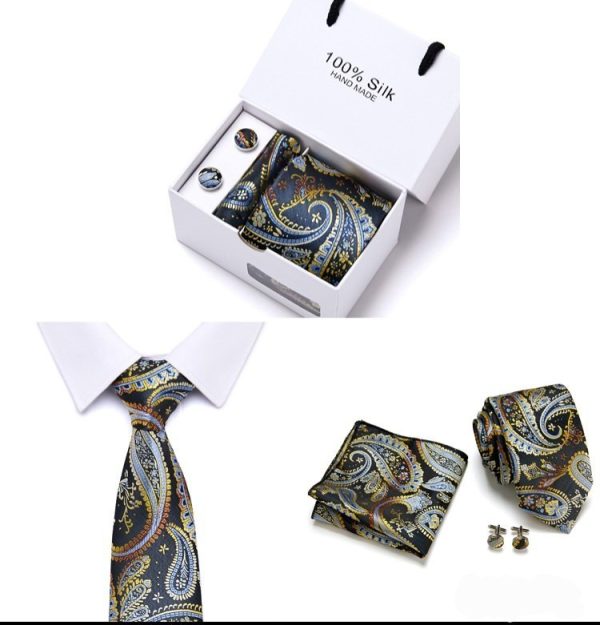 Dark Green and Gold Tie, Silk Handkerchief and Cufflink Gift Set