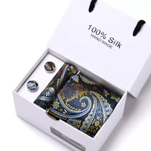 Dark Green and Gold Tie, Silk Handkerchief and Cufflink Gift Set