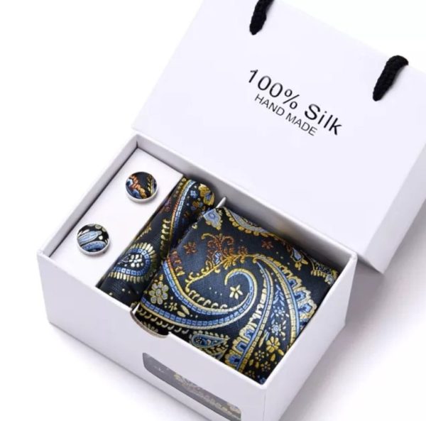 Dark Green and Gold Tie, Silk Handkerchief and Cufflink Gift Set