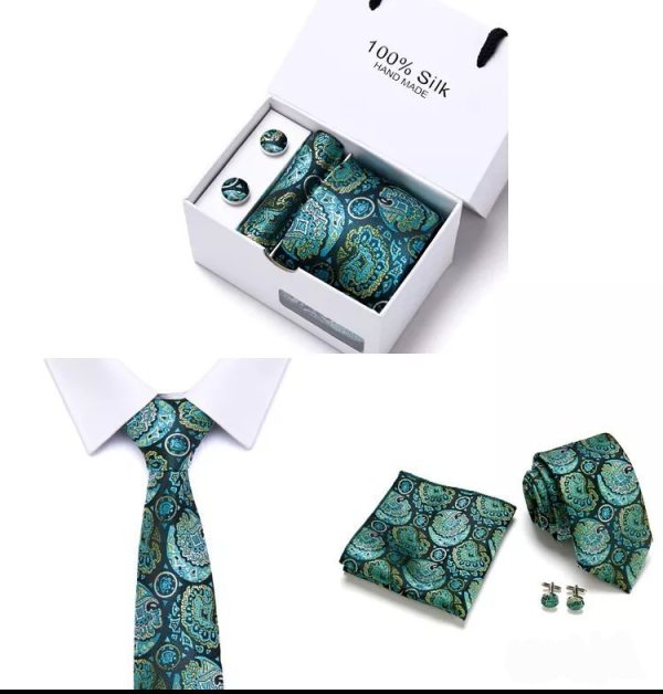 Green Paisley Tie, Handkerchief and Cufflink Silk Gift Set