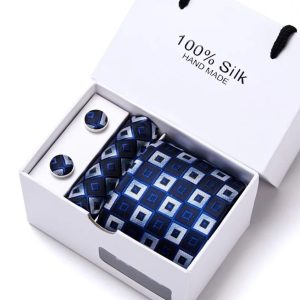 Blue & Silver Squares Silk Tie, Handkerchief and Cufflink Gift Set