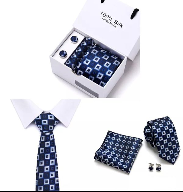 Blue & Silver Squares Silk Tie, Handkerchief and Cufflink Gift Set