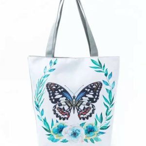 Butterfly and Flowers Large Canvas Tote Bag