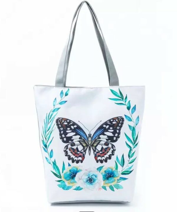 Butterfly and Flowers Large Canvas Tote Bag