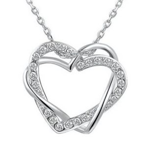 Platinum Double Heart Necklace with Swarovski Crystals