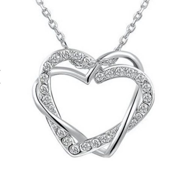 Platinum Double Heart Necklace with Swarovski Crystals