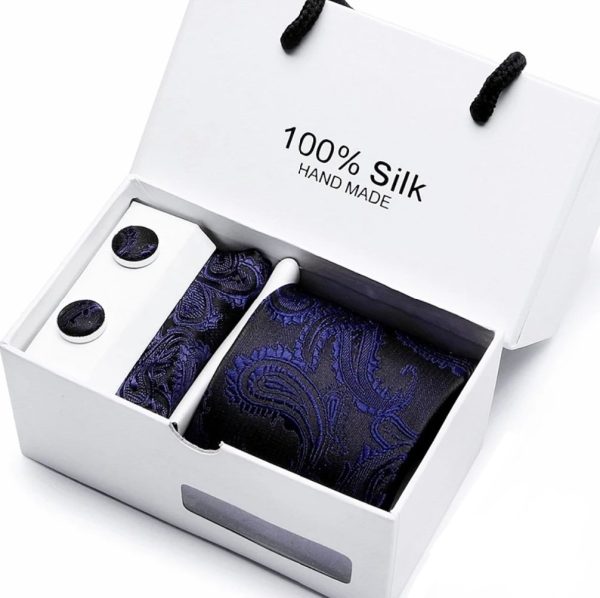 Blue and Black Paisley Tie, Handkerchief and Cufflink Gift Set