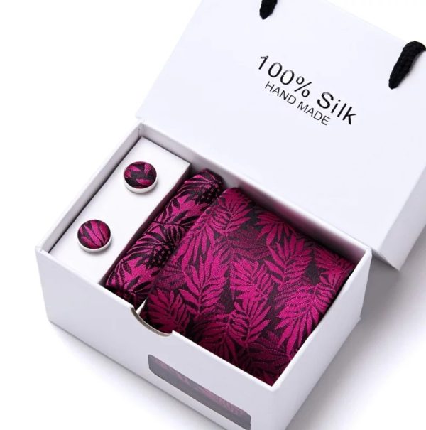 Black & Fuscia Pink Leaf Silk Tie, Handkerchief and Cufflink Gift Set