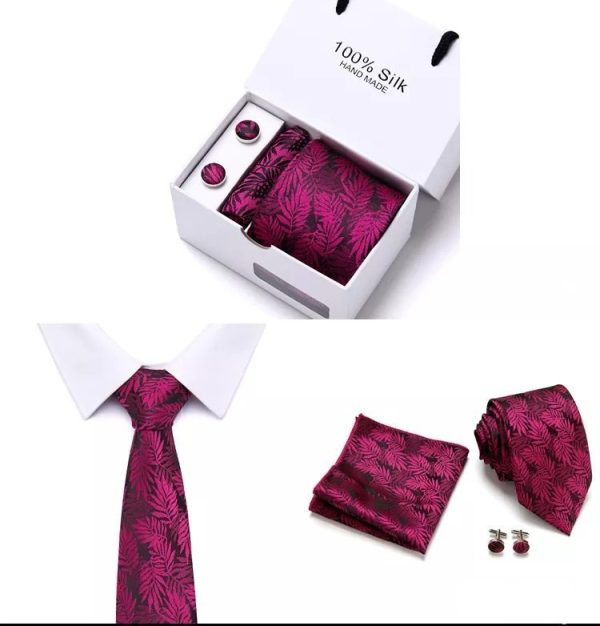 Black & Fuscia Pink Leaf Silk Tie, Handkerchief and Cufflink Gift Set