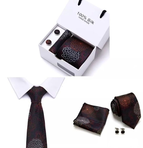 Black, Red & Gold Floral Print Silk Tie, Handkerchief and Cufflink Gift Set