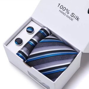 Blue & Grey Silk Tie, Handkerchief and Cufflink Gift Set