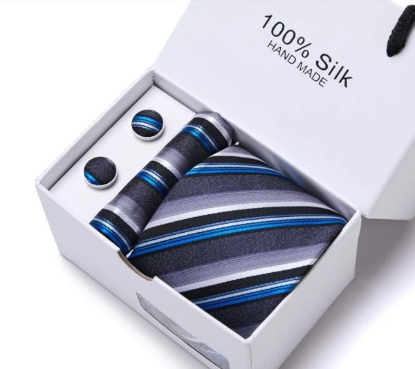 Blue & Grey Silk Tie, Handkerchief and Cufflink Gift Set