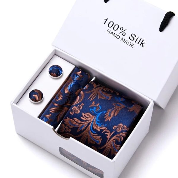 Blue and Copper Silk Tie, Handkerchief and Cufflink Gift Set