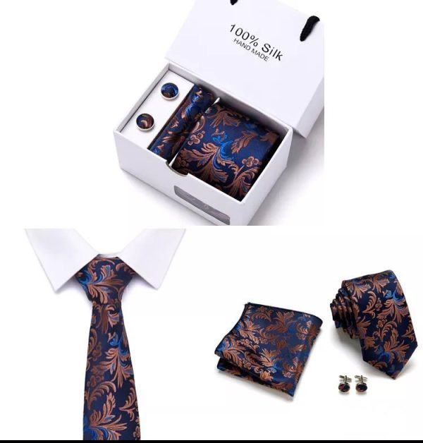 Blue and Copper Silk Tie, Handkerchief and Cufflink Gift Set