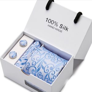 Blue Floral Silk Tie, Handkerchief and Cufflink Gift Set