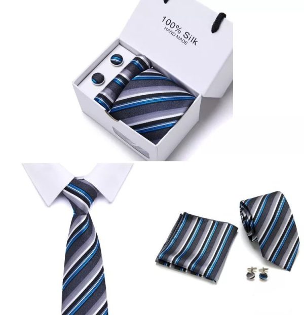 Blue and Grey Silk Tie, Handkerchief and Cufflink Gift Set - Image 2