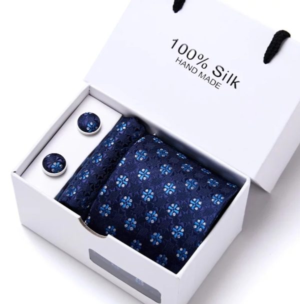 Blue Square Patterned Silk Tie, Handkerchief and Cufflink Gift Set