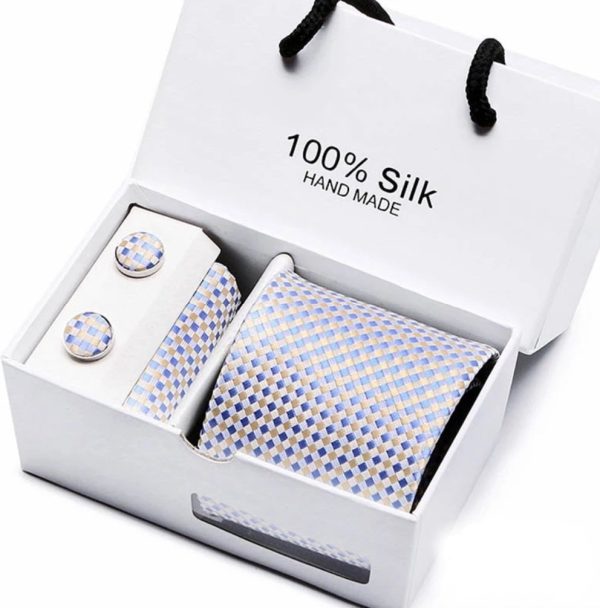 Blue and Yellow Tie, Handkerchief and Cufflink Silk Gift Set