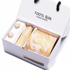 Cream and Gold Paisley Silk Tie, Handkerchief and Cufflink Gift Set