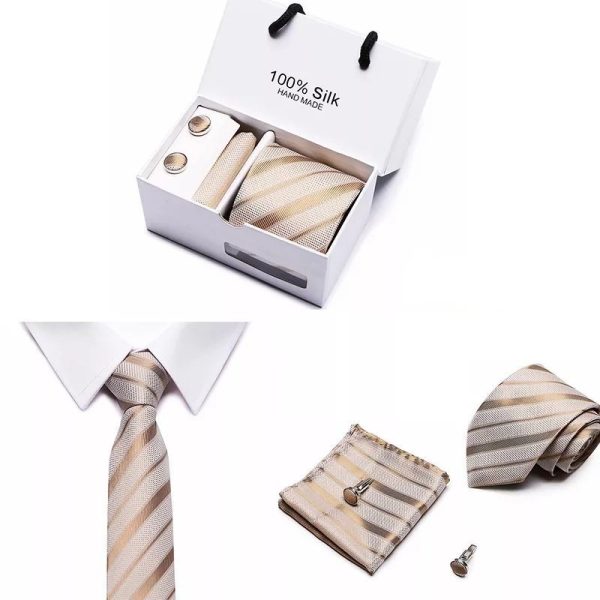 Cream and Gold Silk Tie, Handkerchief and Cufflink Gift Set