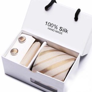 Cream and Gold Silk Tie, Handkerchief and Cufflink Gift Set