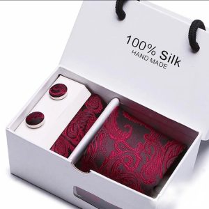 Red Paisley Silk Tie, Handkerchief and Cufflink Gift Set