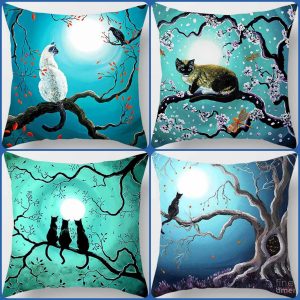 Midnight Cats Blue & Green Cushion Covers