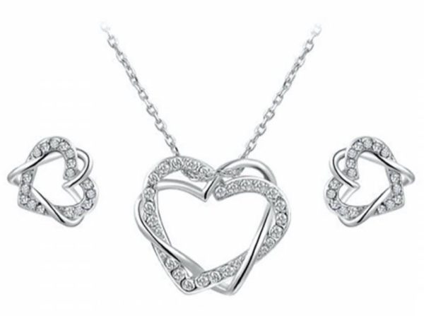 Platinum Heart Necklace and Earrings Set with Swarovski Crystals