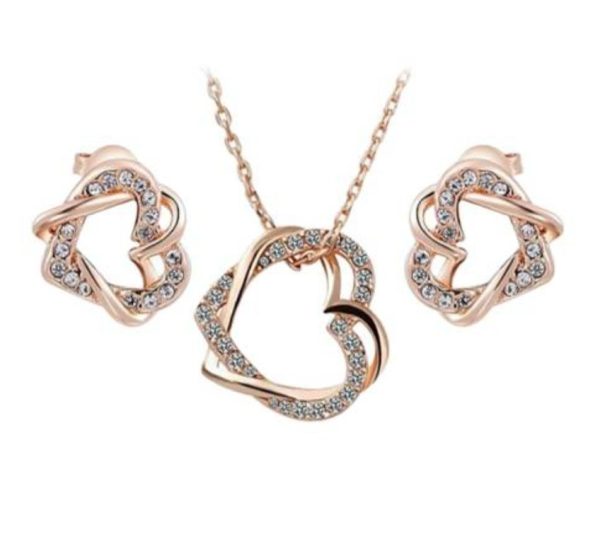 Rose Gold Heart Necklace and Earrings Set with Swarovski Crystals