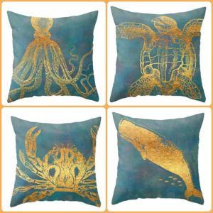 Blue & Gold Sea Animal Cushion Covers