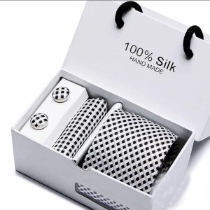 Black and White Tie, Handkerchief and Cufflink Silk Gift Set