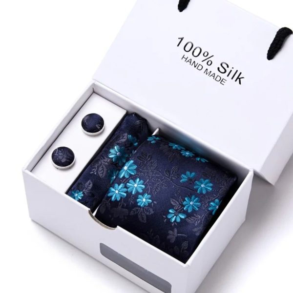 Blue Floral Tie, Handkerchief and Cufflink Silk Gift Set