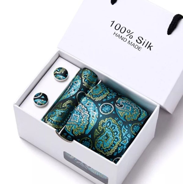 Green Paisley Tie, Handkerchief and Cufflink Silk Gift Set