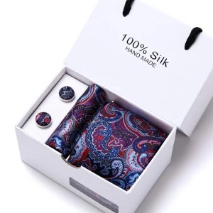 Paisley Blue & Purple Tie, Handkerchief and Cufflink Silk Gift Set